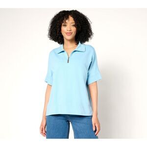 Peace Love World Women's Top Plus Sz 2X Zip Mock Neck Short Sleeve Blue A679927